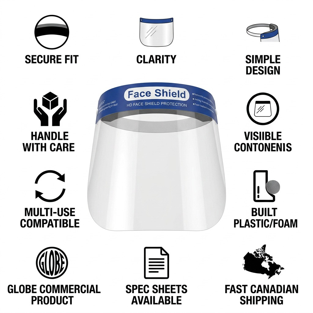 Confidence infographic for Globe Commercial Products Face Shield via fast Canadian shipping.