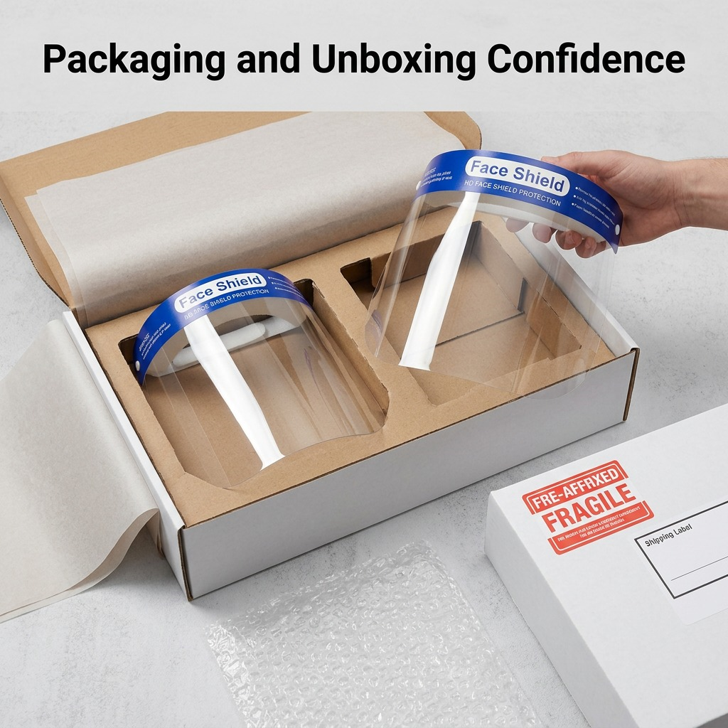 Premium unboxing view showing two specific face shields in custom padding.