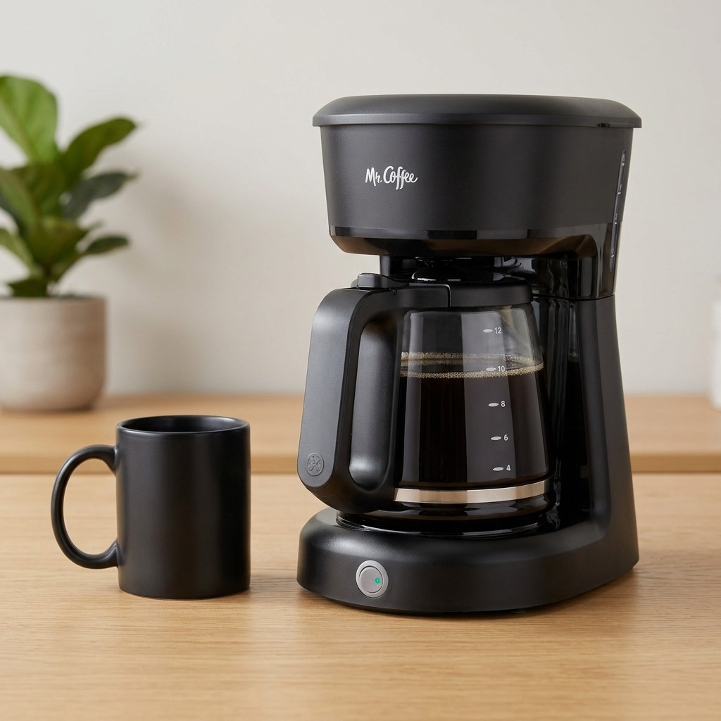 A photo of the Mr. Coffee 12-Cup coffee maker next to a standard 12oz mug for size reference.