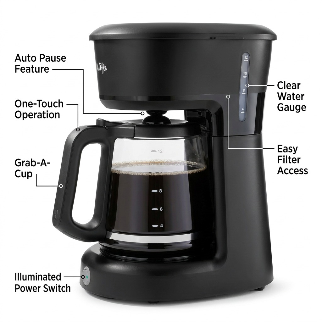 An illustration of the Mr. Coffee coffee maker with callouts to its defining operational features.
