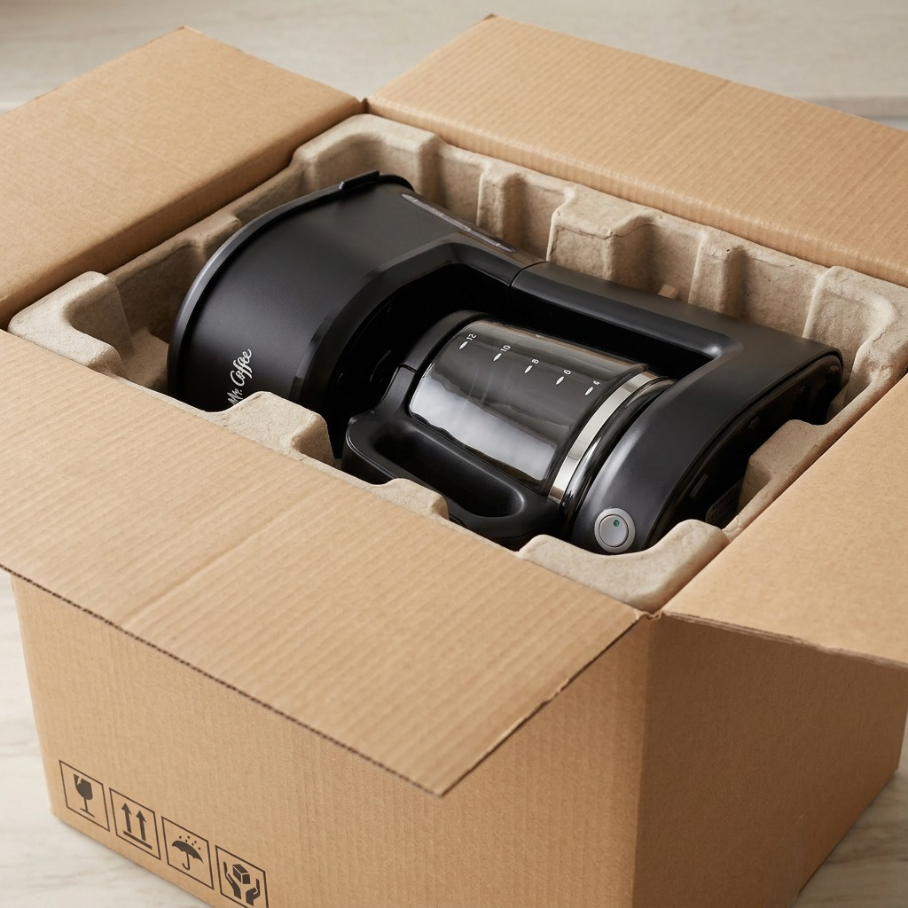A detailed unboxing scene, with the Mr. Coffee coffee maker safely nestled in form-fitting pulp packaging within a protective corrugated shipping box.