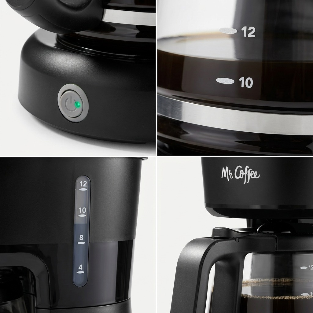 Four-way macro view inspecting the Mr. Coffee power switch, carafe print, water level scale, and base.
