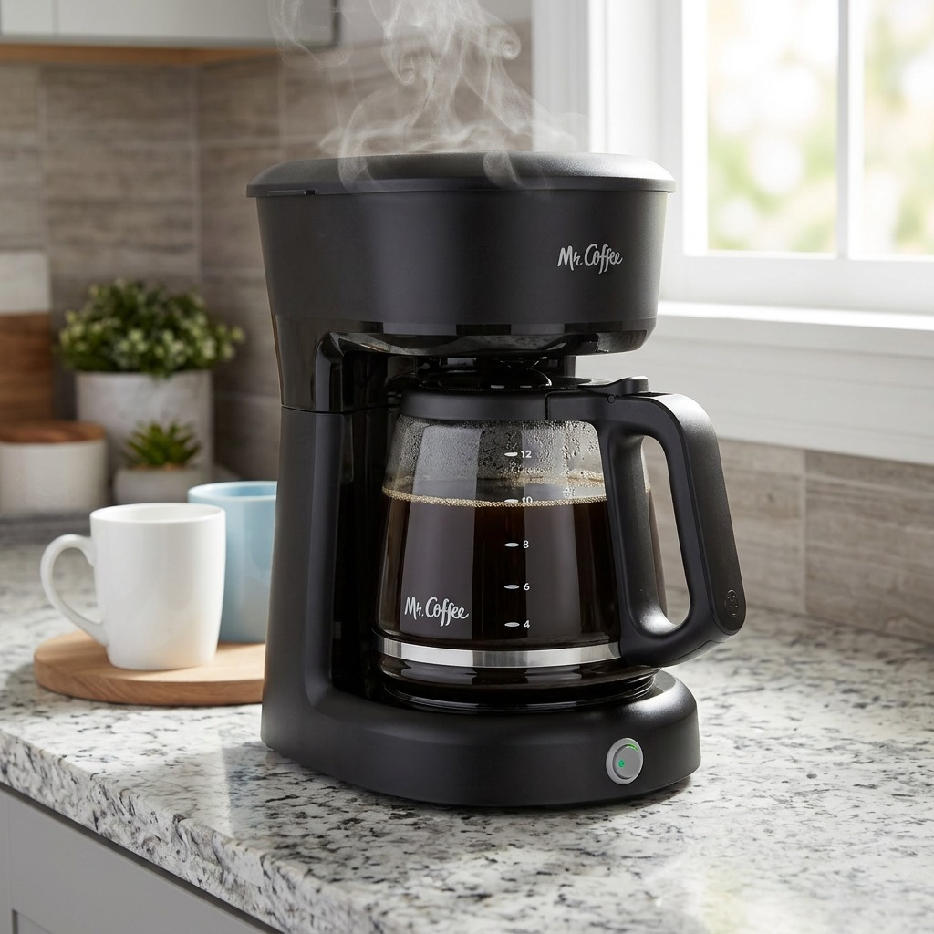 A lifestyle photograph of the black 12-cup Mr. Coffee maker from image_0.png, sitting and brewing on a residential granite kitchen counter next to a ceramic mug, with a small steam plume and a glowing power indicator.