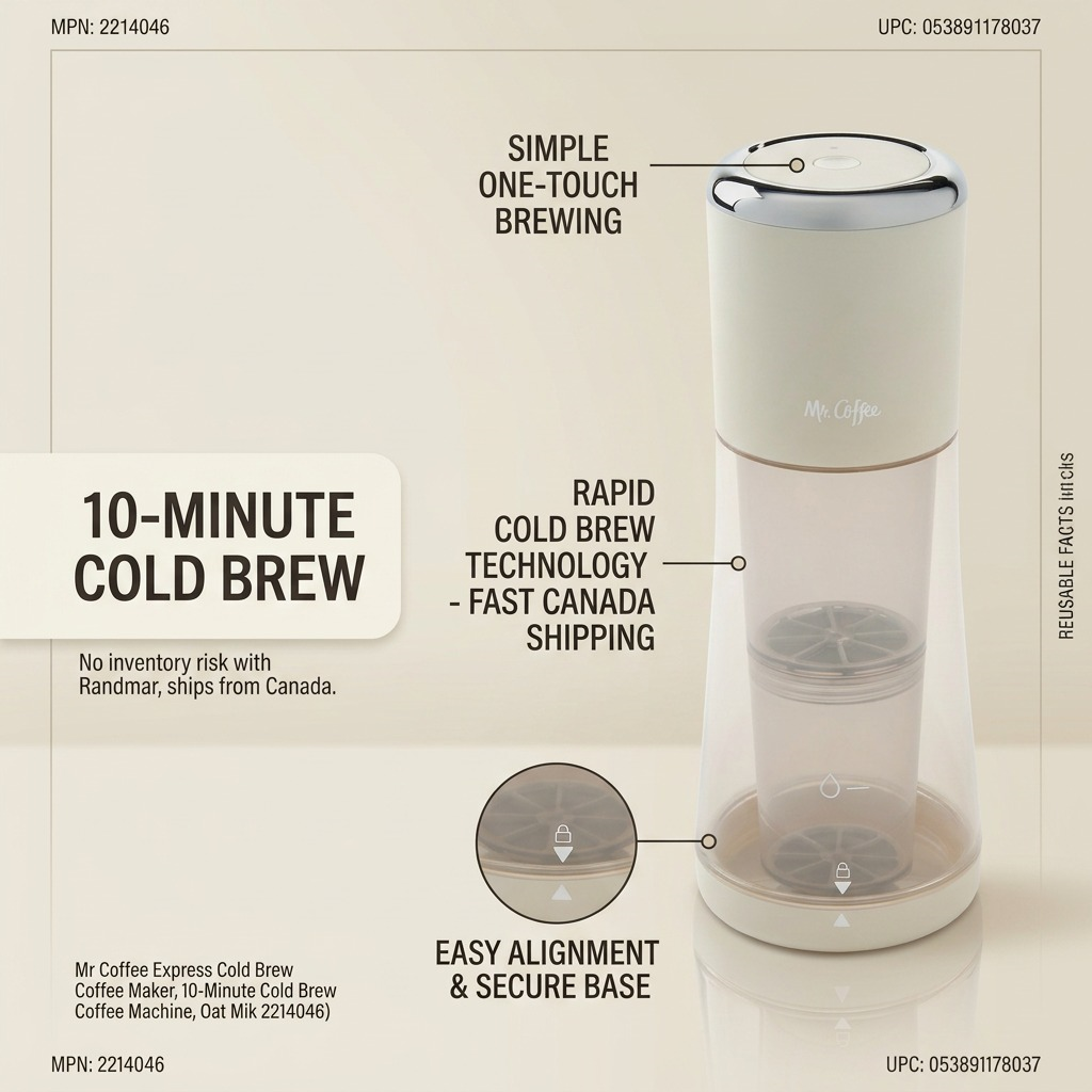 Operational feature graphic for Mr. Coffee Express Cold Brew, outlining 10-minute rapid technology for user benefit.