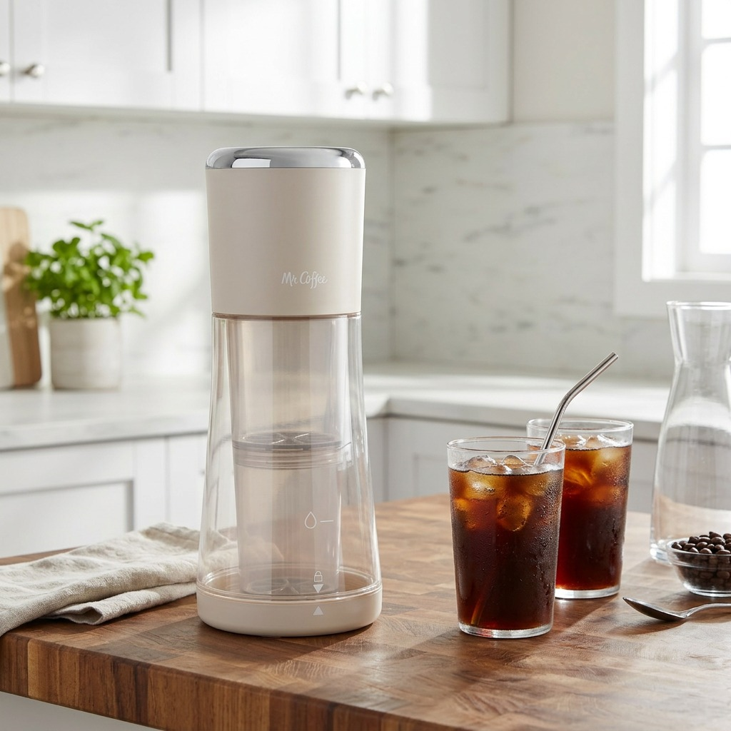A realistic kitchen scene showing the Mr. Coffee Express cold brew maker in an oat milk finish on a butcher block counter, alongside a glass of freshly brewed iced coffee, with bright morning light.