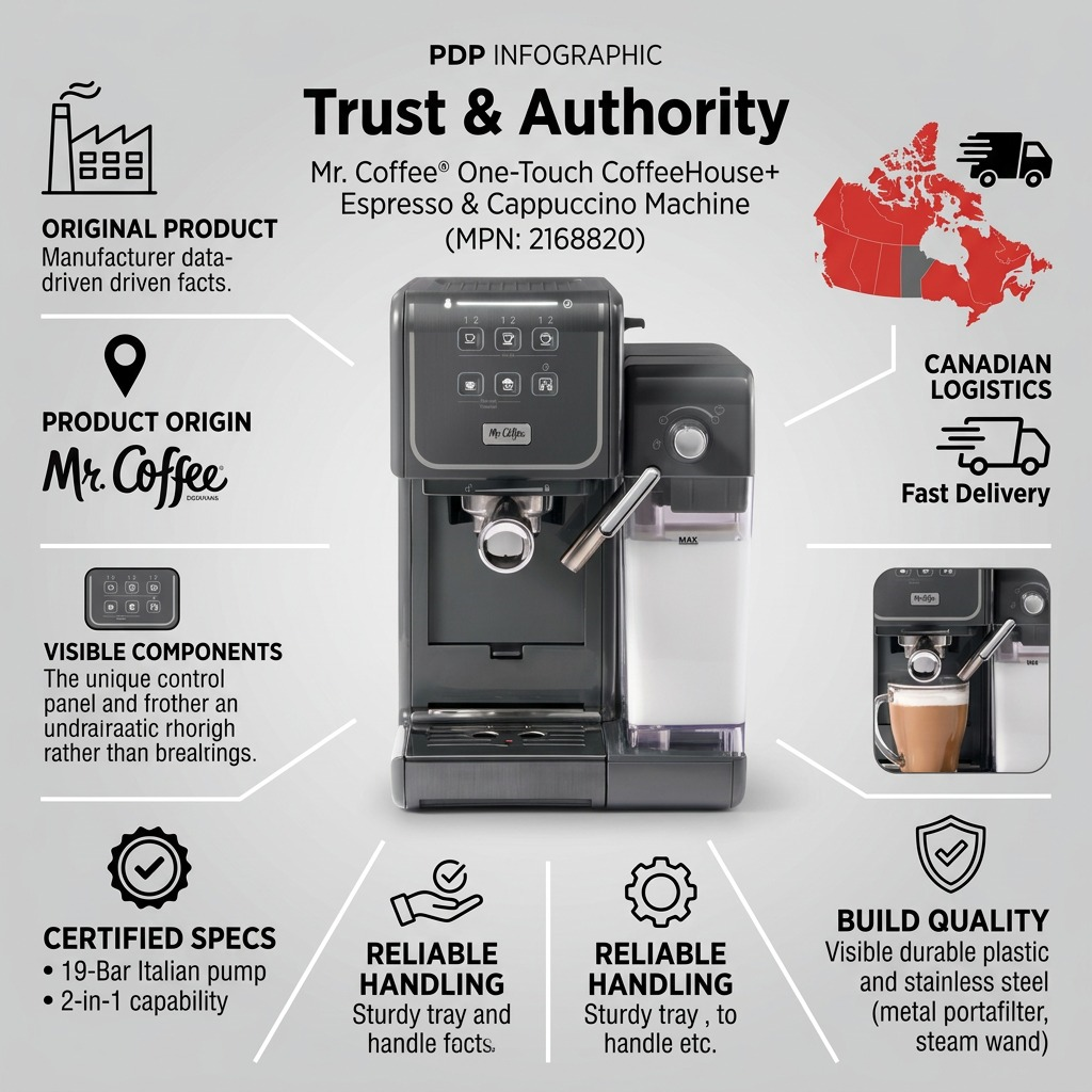 Info-graphic for Mr. Coffee espresso machine detailing build quality, origin, and Canadian shipping.