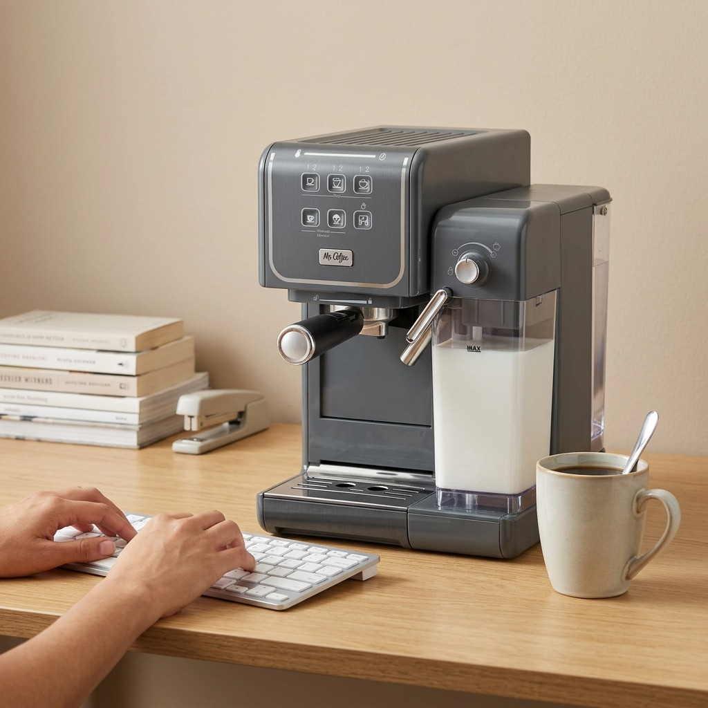 A side-by-side scale comparison: Mr. Coffee One-Touch CoffeeHouse+ beside a standard mug and pencil.