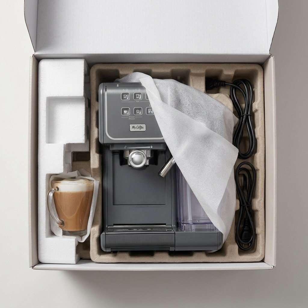 Unboxing Mr. Coffee One-Touch CoffeeHouse+ showing secure protective packaging in a shipper box.