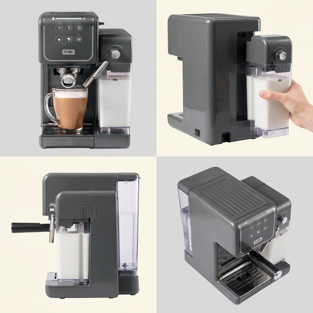 A product matrix for the Mr. Coffee One-Touch CoffeeHouse+, showing its front, right side, back, and top angles.