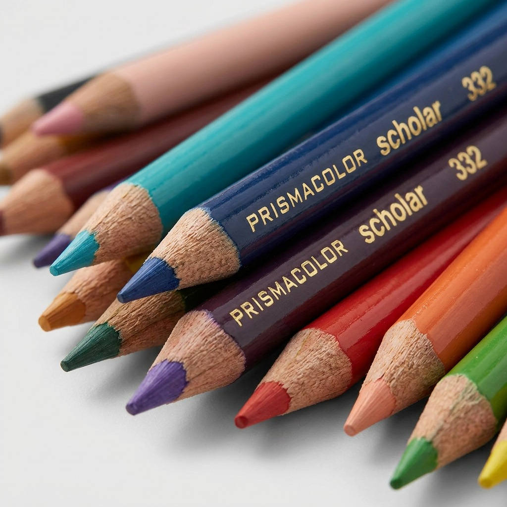 Macro photo showing detailed wood grain, wax core texture, and precise gold barrel printing on pencils.