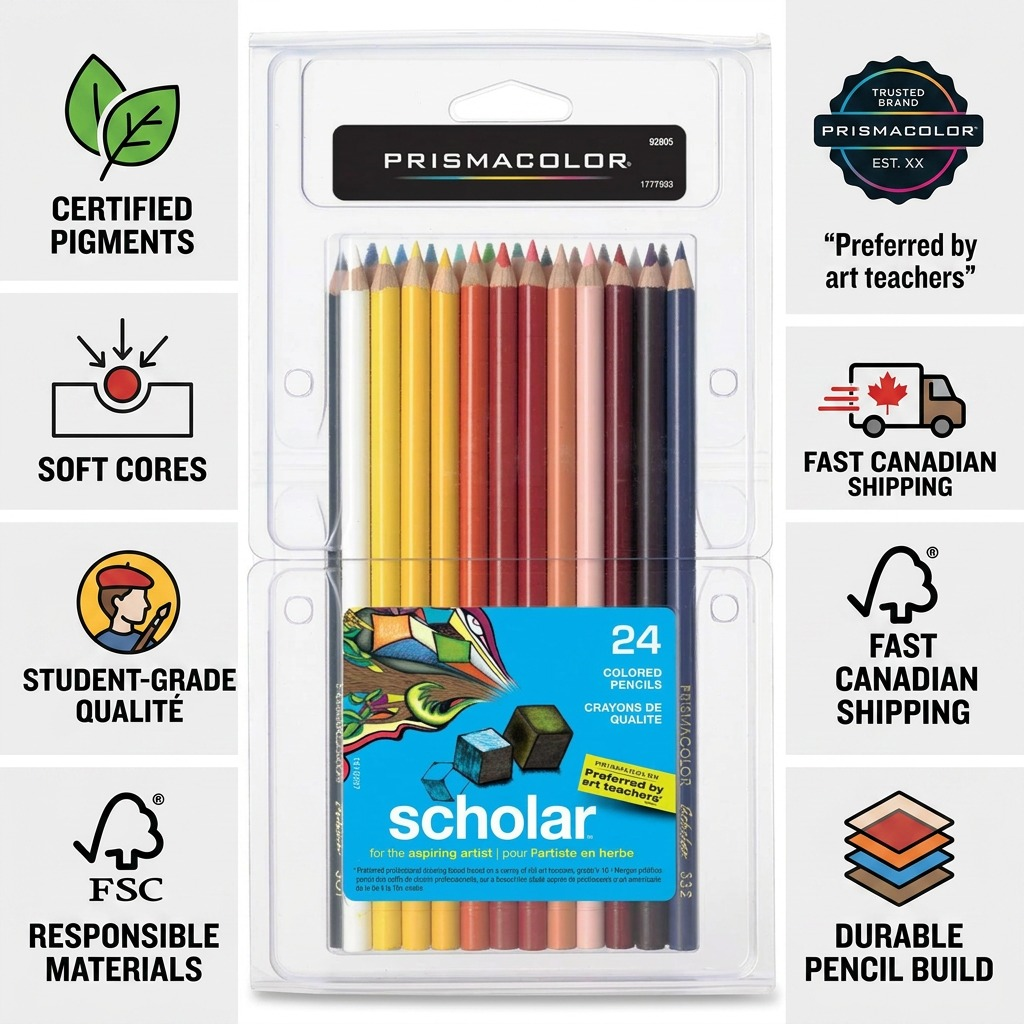 Infographic for Prismacolor Scholar Pencils showcasing certified pigments, soft cores, and fast Canadian shipping.
