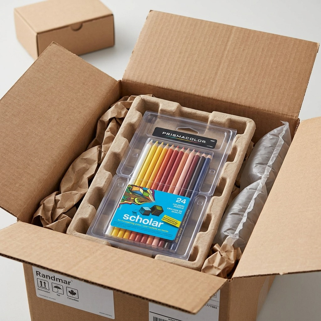 A premium unboxing presentation showing Prismacolor Scholar colored pencils (24 count) safely cushioned in protective custom-molded recycled-pulp tray and surrounded by recycled kraft dunnage within an open shipping box.
