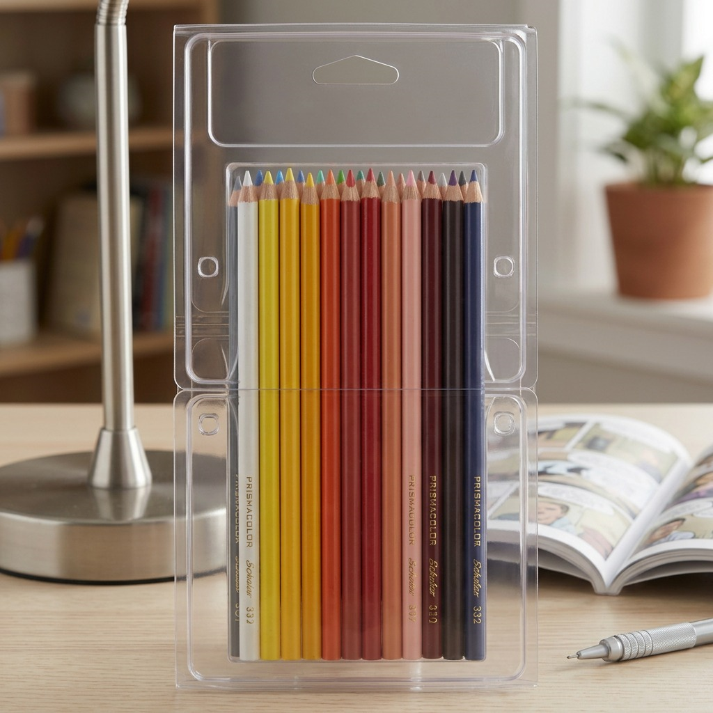 Prismacolor 24-count Scholar Pencils, in their clear blister pack, are shown on a light oak desk next to the base of a silver student desk lamp and the corner of an A4 sketchbook, accurately demonstrating the product's size.