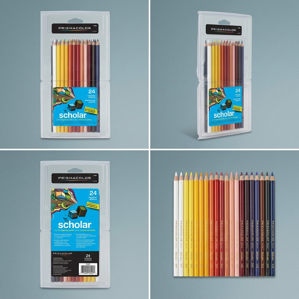A product matrix image displays the Prismacolor Scholar 24-count pencil set from front, side, and rear angles.