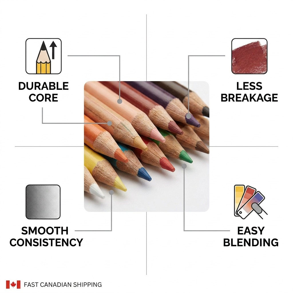 A PDP visual feature callout matrix graphic highlighting key specifications of the PRISMACOLOR Scholar 24-count coloured pencils set.