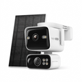 Hero shot of the TP-Link Tapo C675D KIT dual-lens security camera and solar panel on a white background.