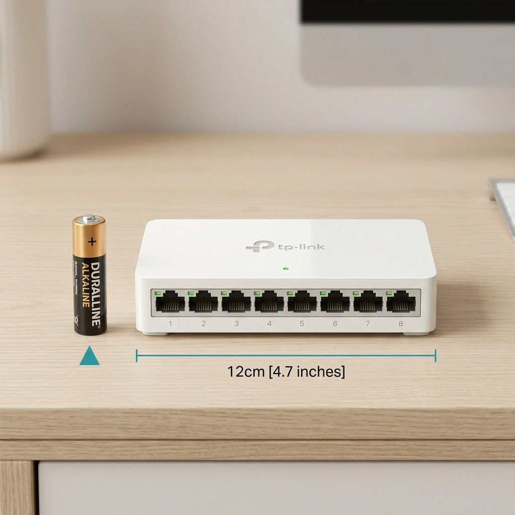 TP-Link 8-port switch on a wooden desk next to a standard AA battery for scale.