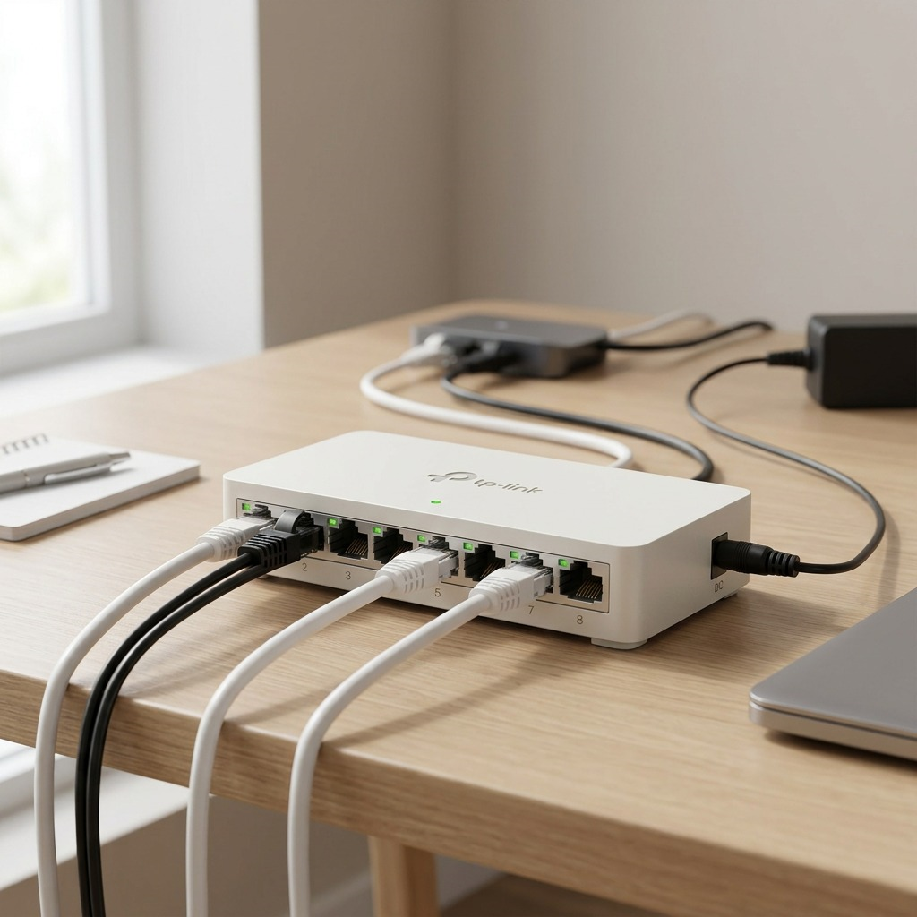 TP-Link 8-port gigabit switch in a small office setting, managing several connected ethernet cables on a desk.