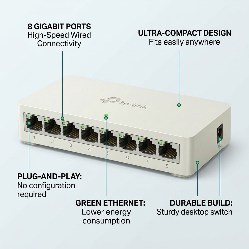 A diagram of an 8-port gigabit desktop network switch, detailing its key functions as features.