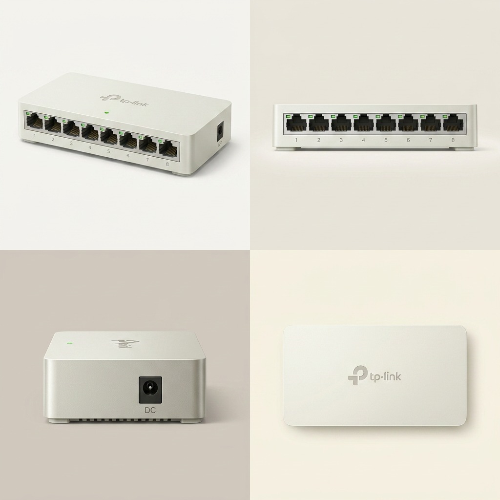 A clean four-grid image showing the identical TP-Link LS1008G 8-Port Switch from four different angles.