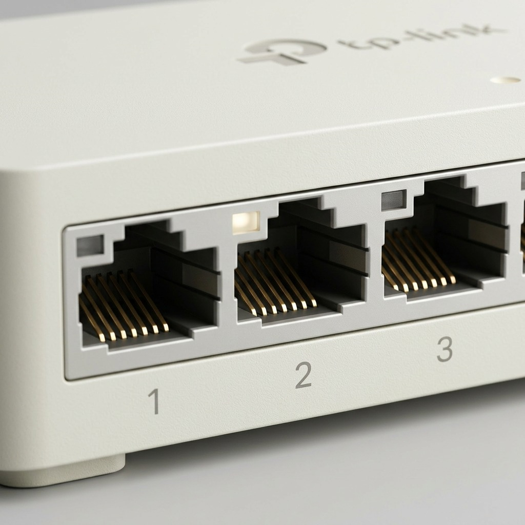 An extreme macro photograph inspecting the fine surface details, material quality, and port numbers of the TP-Link LS1008G 8-Port Switch.