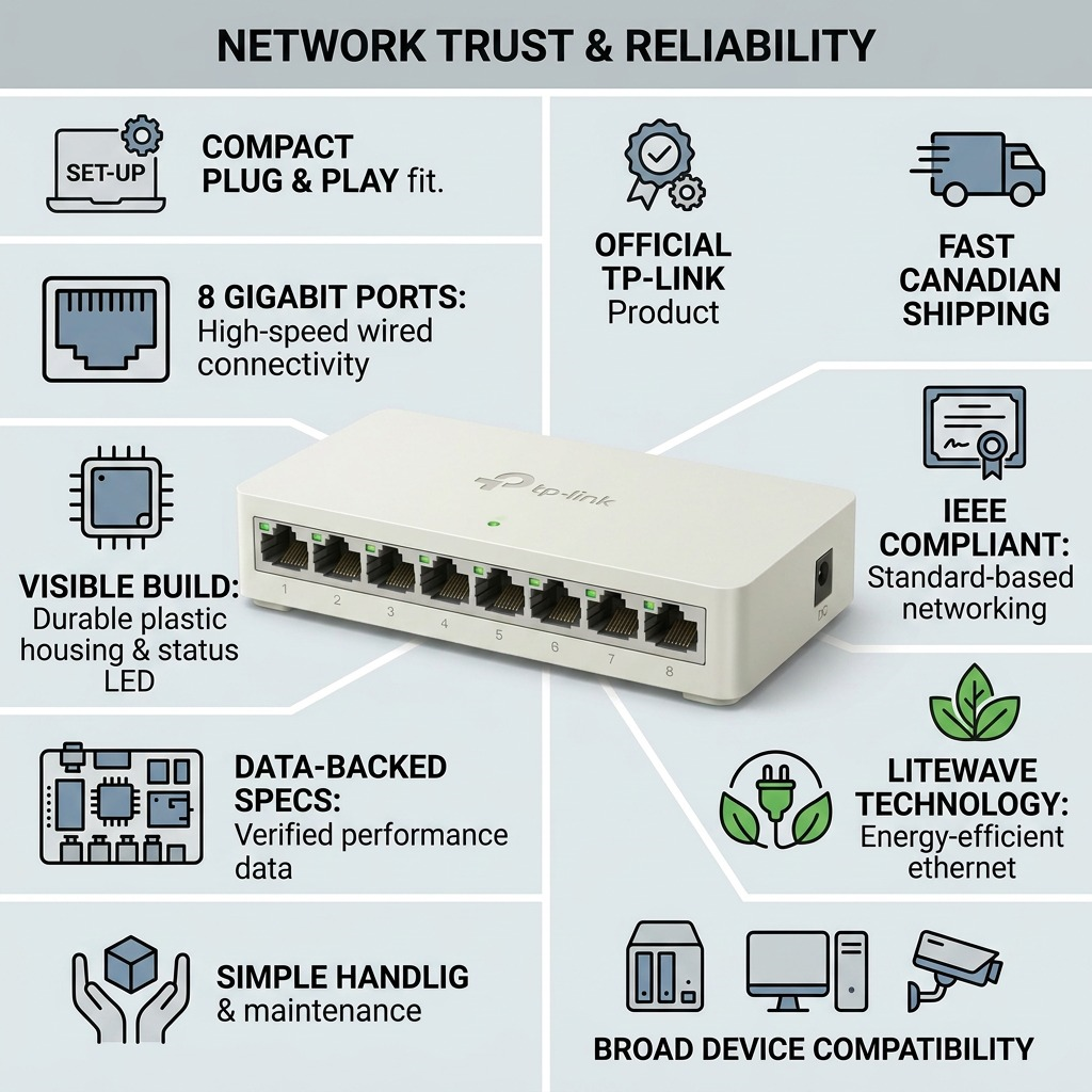 Infographic matrix showing a TP-Link 8-port gigabit switch with various benefit and factual icons.