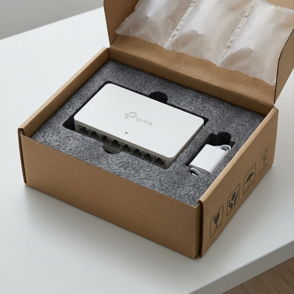 Unboxing shot of a white TP-Link LS1008G 8-Port Desktop Switch resting securely on padded foam inside a neutral shipping box, showing all ports and a power adapter.