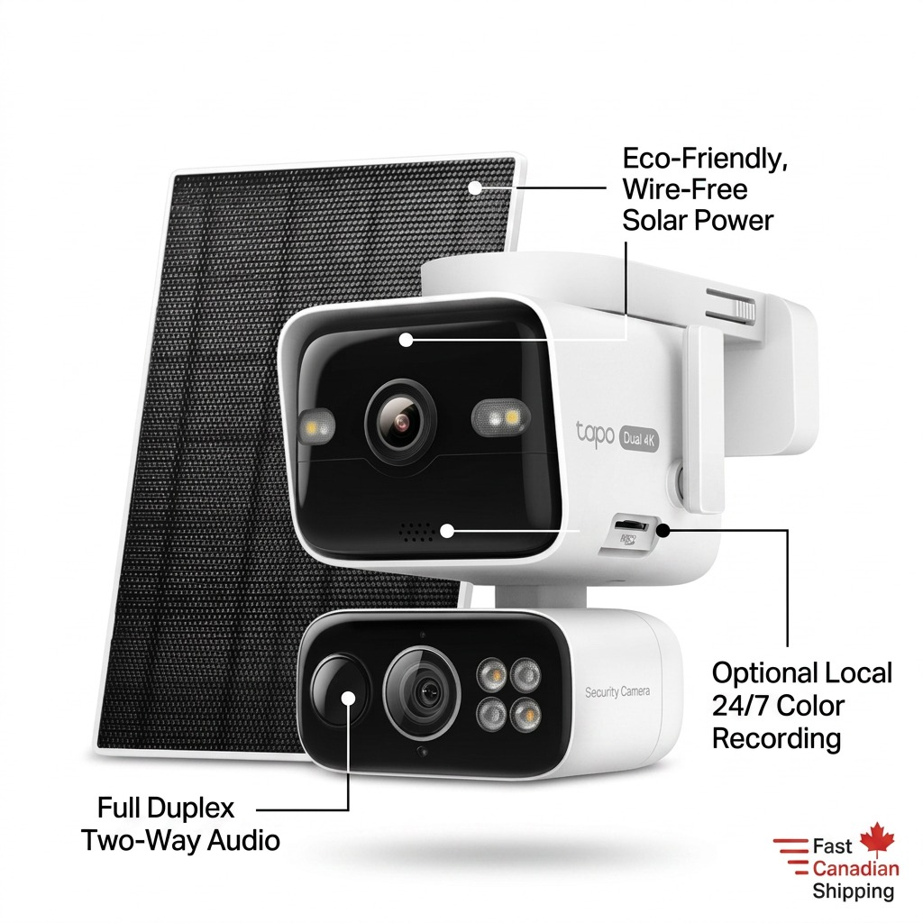Ecommerce product graphic for the TP-Link Tapo C675D KIT featuring feature callouts with pointer lines on a clean white background. Highlighting solar power, two-way audio, and local recording capabilities. Includes a fast Canadian shipping logo.