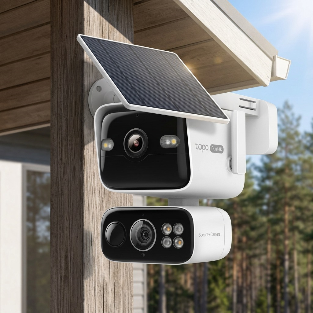 A TP-Link Tapo-C675D-KIT dual-lens security system mounted on a wooden post under sunlight.