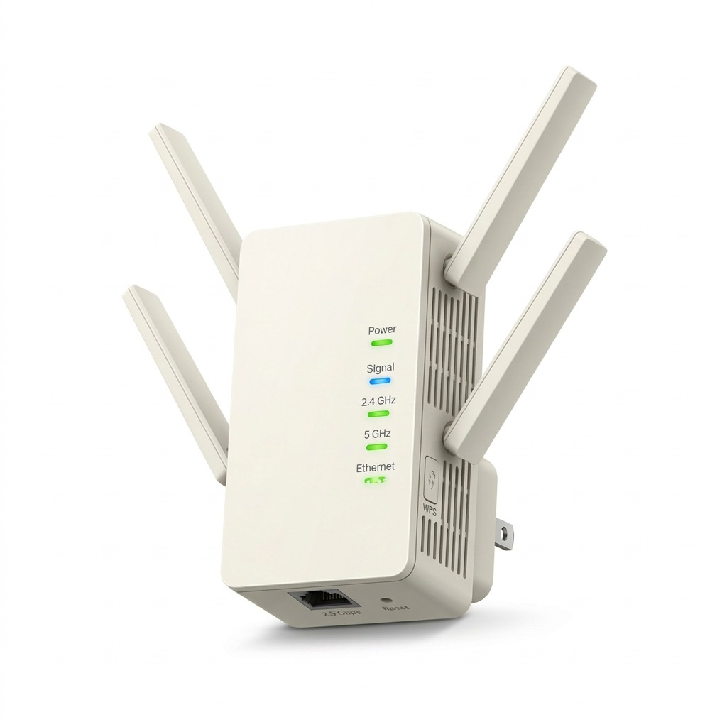 High-resolution 3/4 hero shot of the beige TP-Link RE405BE extender with all four antennas extended, against a pure white background.