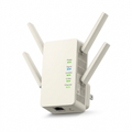 High-resolution 3/4 hero shot of the beige TP-Link RE405BE extender with all four antennas extended, against a pure white background.