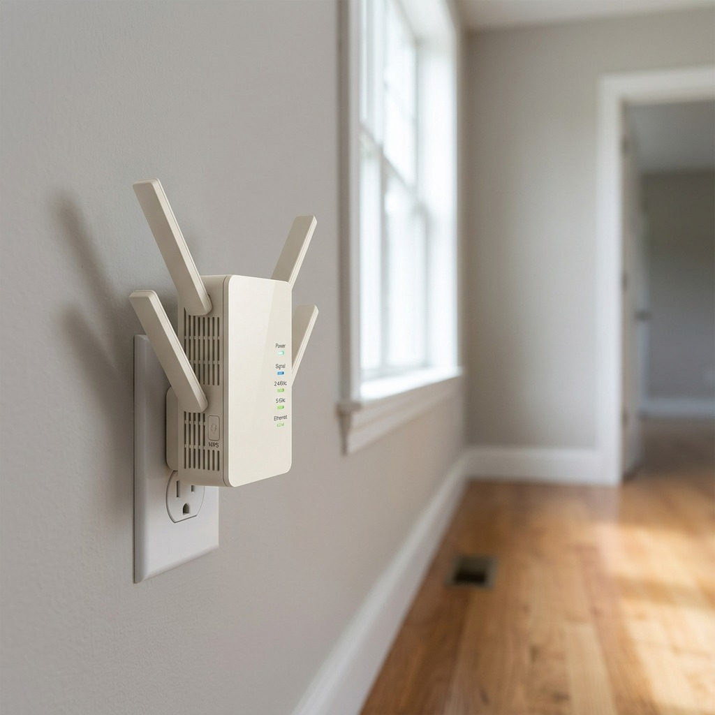 A product-led shot of the TP-Link RE405BE 4-Antenna range extender plugged into a wall outlet in a home hallway, illuminated by natural daylight.