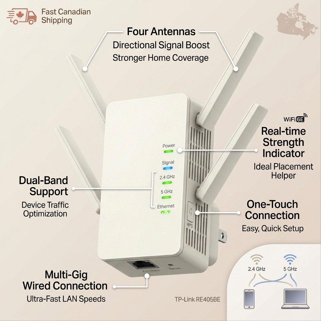 PDP visual matrix showing operational feature callouts for the TP-Link RE405BE WiFi extender.