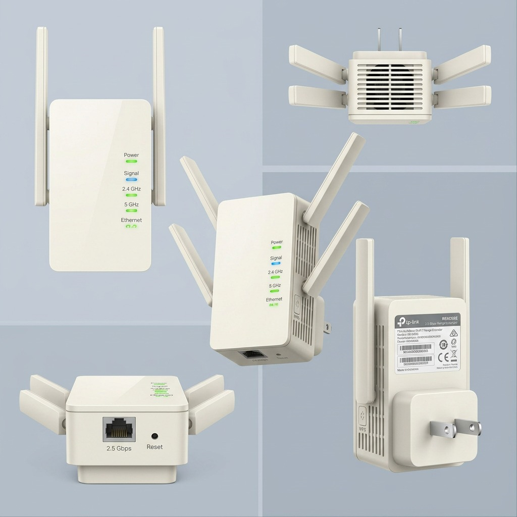 A detailed matrix showing the dual-band Wi-Fi range extender from multiple camera angles for deep inspection.