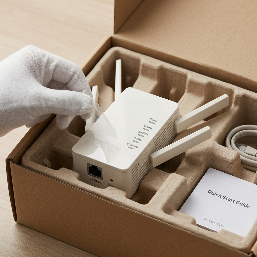 An illustrative photograph of the TP-Link RE405BE WiFi extender securely positioned within protective cardboard packaging.
