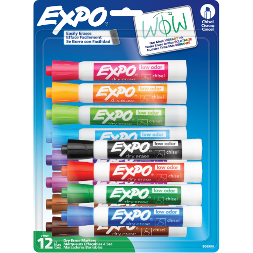 EXPO Dry Erase Markers, Low Odour Ink, Assorted Colours, Chisel Tip, 12 Count