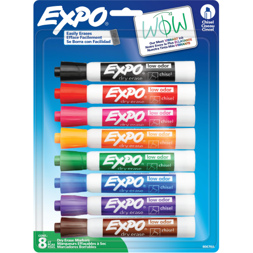 EXPO Dry Erase Markers, Low Odour Ink, Assorted Colours, Chisel Tip, 8 Count