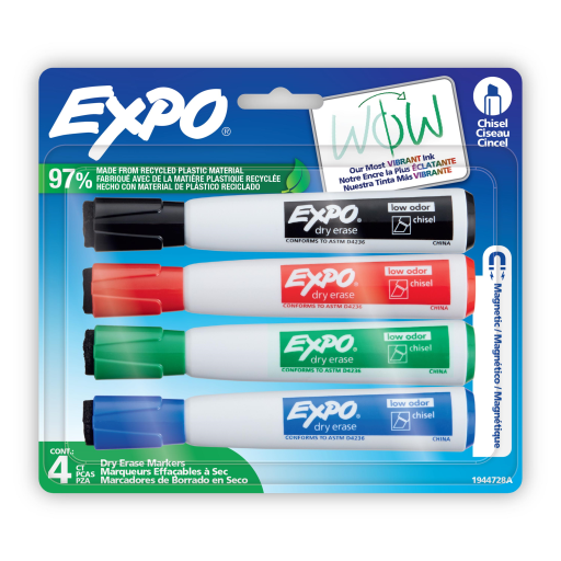 EXPO Magnetic Dry Erase Markers with Eraser, Assorted Colours, Chisel Tip, 4 Count