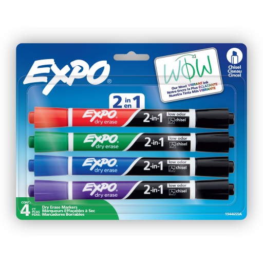 EXPO 2-in-1 Dry Erase Markers, Dual-Ended Markers, Assorted Colours, Chisel Tip, 4 Count