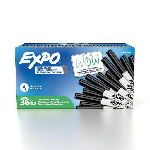 EXPO Dry Erase Markers, Low Odour Ink, Black, Ultra Fine Tip, 36 Count