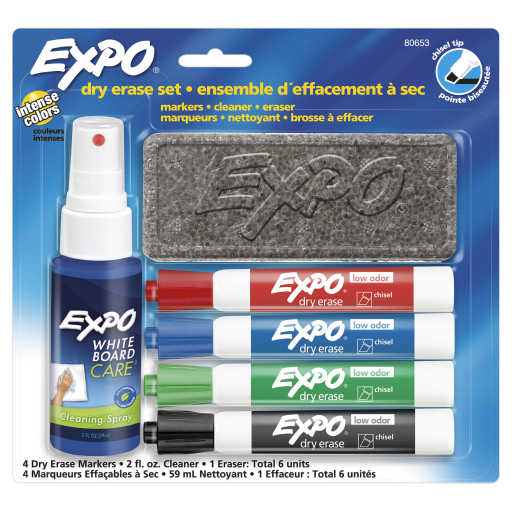 EXPO Dry Erase Markers Kit, Chisel Tip, Assorted Colours, Eraser, Spray Cleaner, 6 Count