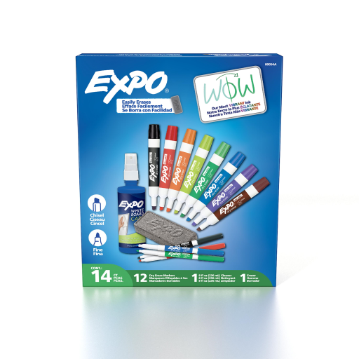 EXPO Dry Erase Markers Kit, Fine and Chisel Tip Markers, Assorted Colours, Eraser, Spray Cleaner, 14 Count