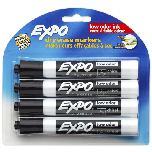 EXPO Dry Erase Markers, Low Odour Ink, Black, Chisel Tip, 4 Count
