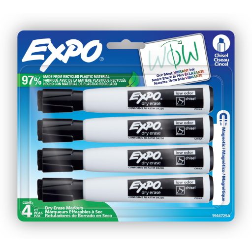 EXPO Magnetic Dry Erase Markers with Eraser, Black, Chisel Tip, 4 Count