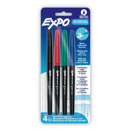 EXPO Wet Erase Markers, Semi-Permanent Markers, Assorted, Ultra Fine Tip, 4 Count