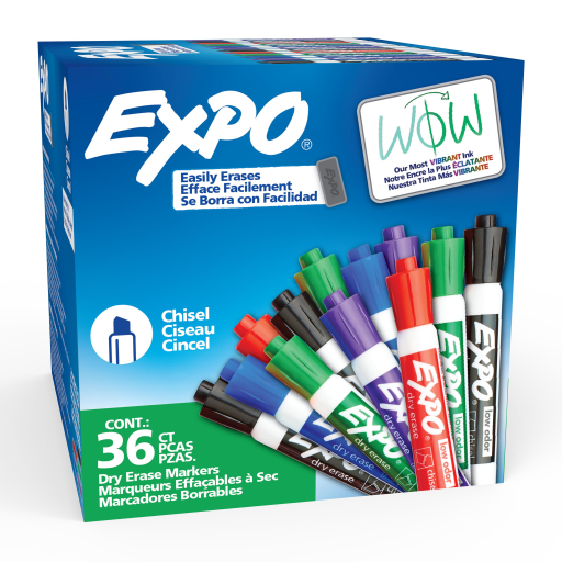 EXPO Dry Erase Markers, Low Odour Ink, Assorted Colours, Chisel Tip, 36 Count
