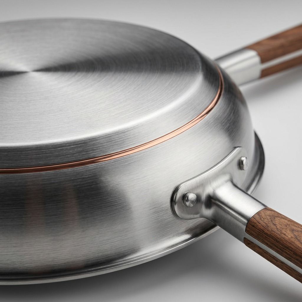 Macro detail of the tri-ply base: visible copper core and steel layers secure a wood handle.