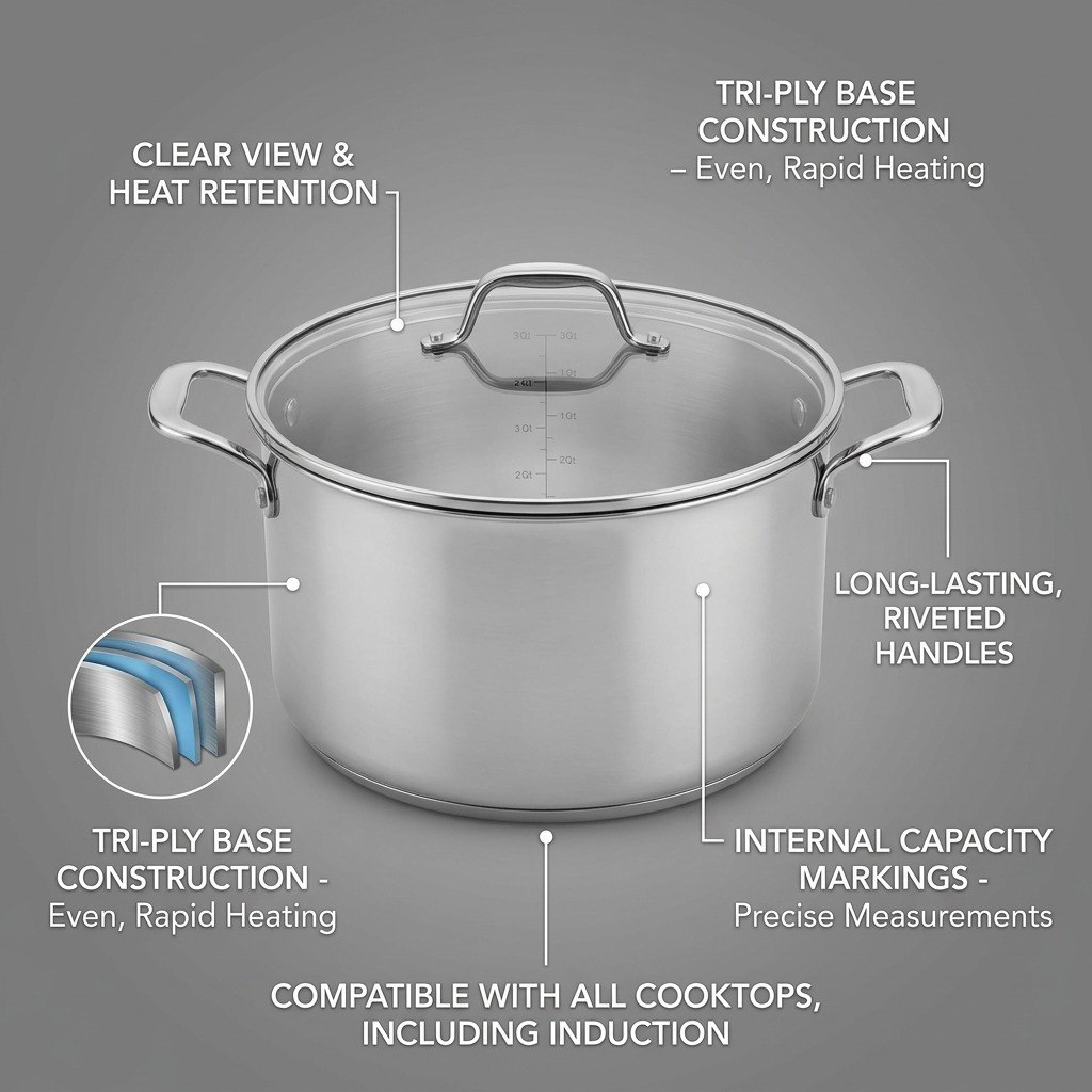 Feature callout graphic of a Tramontina Tempo stainless steel cookware pot, highlighting 3-layer base construction and capacity markings.