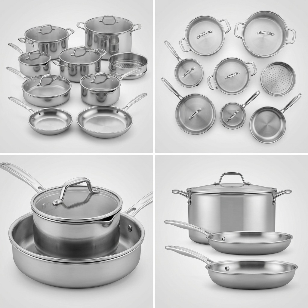 A matrix view showcasing the identical 14-piece Tramontina TemporTri-Ply Base Stainless Steel Cookware Set from multiple angles, from overhead top-down to side profile, on a multi-paneled ecommerce background.