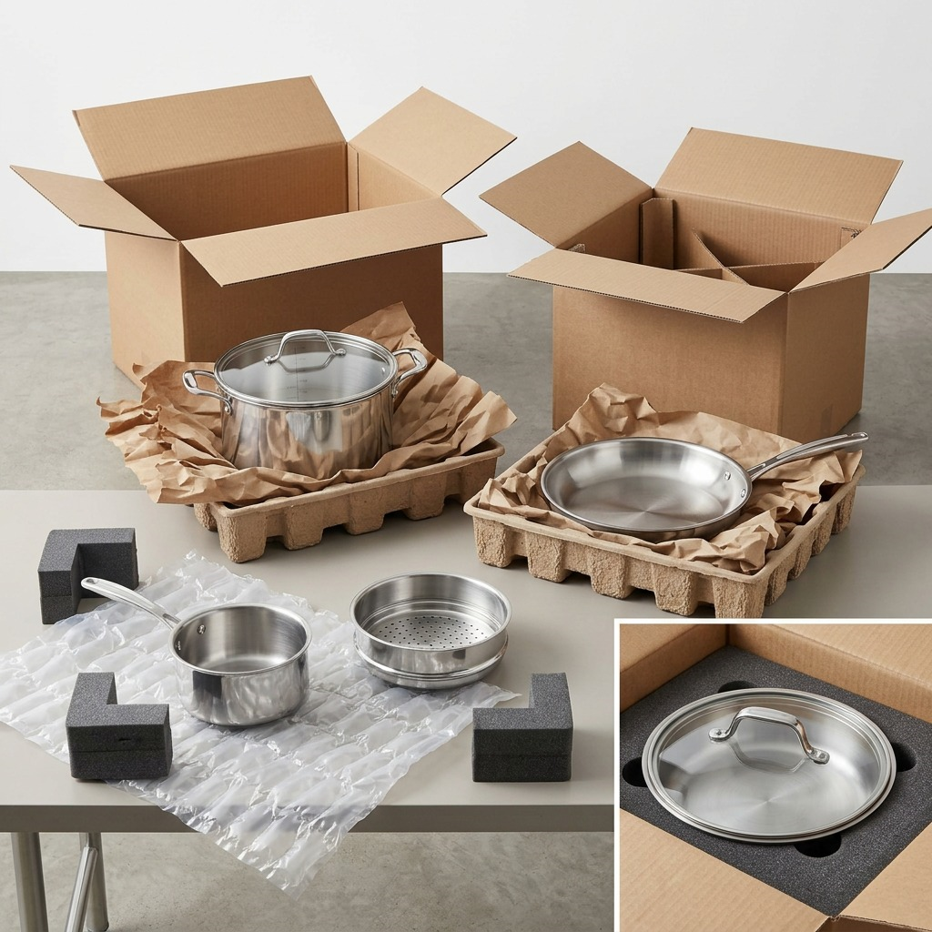 A secure shipping scenario featuring multiple layers of protective packaging surrounding the reference Tramontina cookware set.